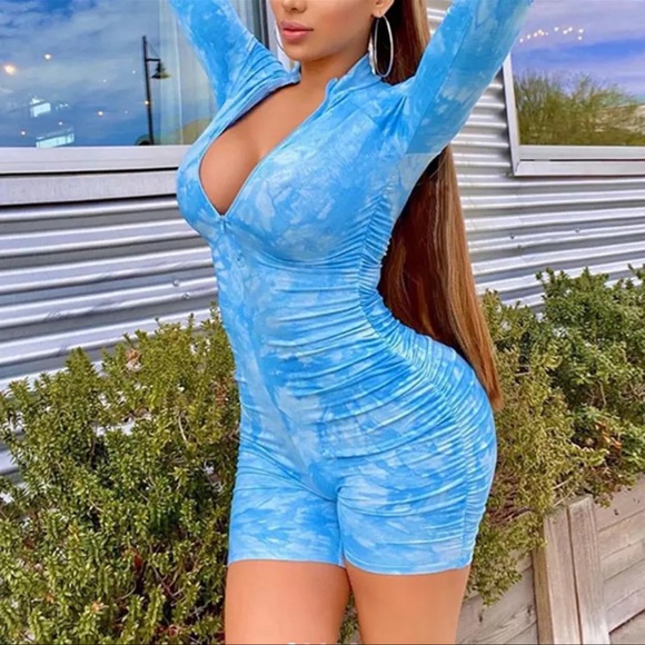 Blue Tie Dye Print Long Sleeve Jumpsuit Skinny Ruched Workout Romper - Picture 2 of 4